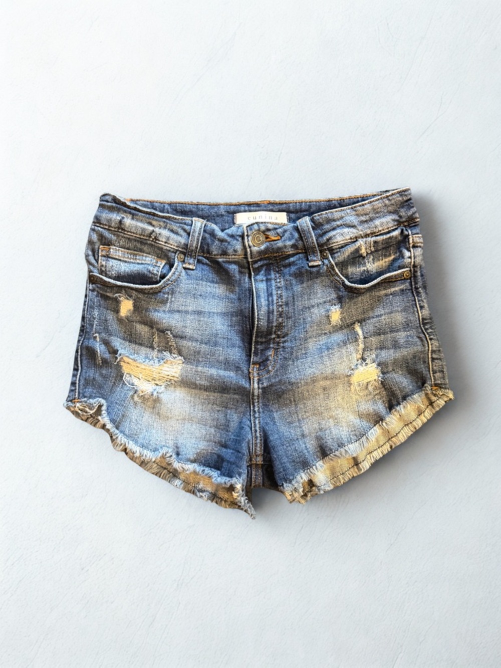 eunina Faded Blue Distressed Denim Shorts